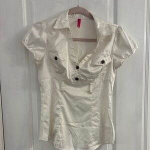 SOLD Heart Soul white Y2K office siren Satin Button-Up Blouse